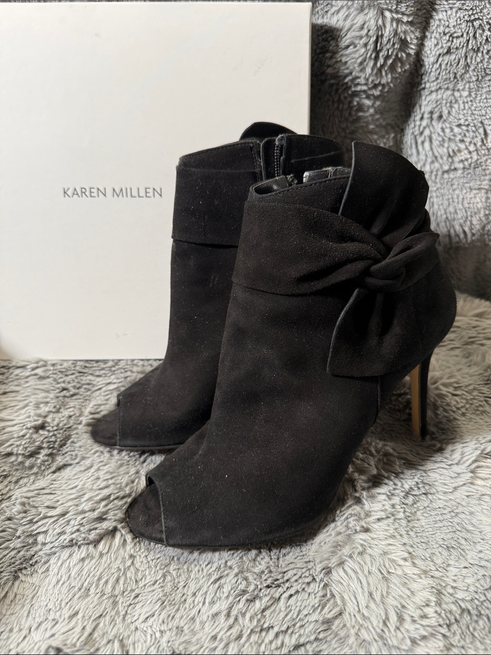 Karen Millen Black Suede Peep-Toe Ankle Booties with Knot Accent